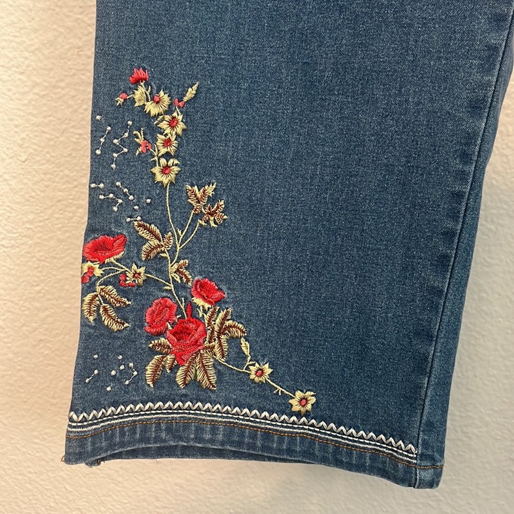 Vintage Denim Outfit Medium Embroidered Blue Jean Floral Rose Flowers 90s Y2K - Picture 10 of 15